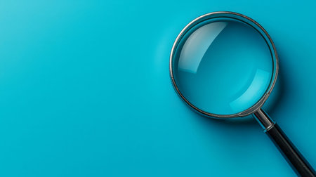 A detailed view of a glass magnifier reflecting light against a smooth blue backdrop, evoking curiosity and precision in research or investigation theの写真素材