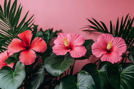 Bright pink hibiscus blossoms burst amidst rich green leaves, set against a gentle pink backdrop, evoking freshness and tropical elegance.の写真素材