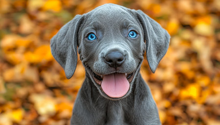 A joyful gray puppy with vivid blue eyes beams outdoors amid colorful fall foliage, capturing a cheerful, mood-lifting moment perfect for nature and pの写真素材