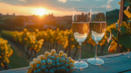 Warm evening light bathes two flute glasses of bubbly on rustic wood, set amidst lush vines as the sun dips beyond the horizon.の写真素材
