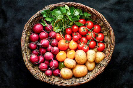 Vibrant collection of ripened produce, including juicy tomatoes, crisp greens, and colorful fruits, artfully arranged in a rustic woven basket againstの写真素材