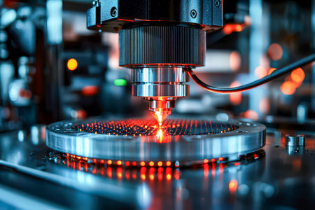 Precision laser beam etches intricate designs onto shiny metal in a modern laboratory, emphasizing...