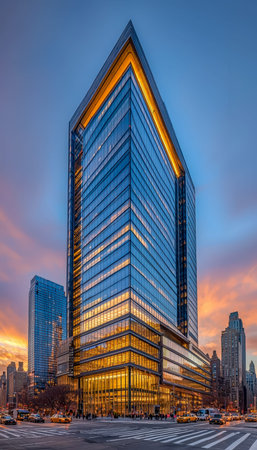 A sleek, reflective skyscraper featuring glowing accents, capturing the vibrant glow of sunset in a...