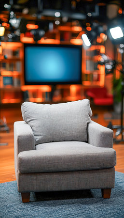 An inviting contemporary gray armchair complements a warm living space, featuring a wooden bookshelf and sleek flat-screen tv setup.の写真素材