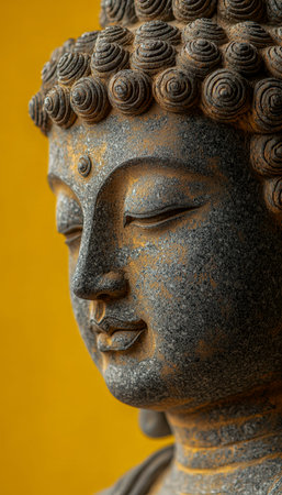 A detailed view of a weathered stone Buddha figure set against a vibrant yellow backdrop, evoking...