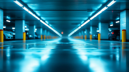 A sleek underground parking area featuring contemporary led fixtures and neatly aligned vehicles,...