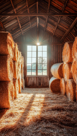 Warm sunlight filters through a rustic barn window, illuminating neatly stacked hay bales beneath timbered ceilings and weathered wooden beams.の写真素材