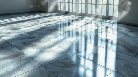 Soft sunlight filters through unseen windows, casting intricate shadow designs across a pristine marble floor, evoking calm and timeless elegance.の写真素材