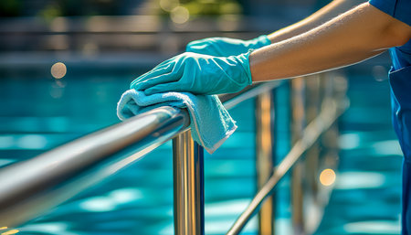 A hand in a glove wipes down a poolside metal barrier with a cloth, capturing a moment of outdoor maintenance and fresh summer ambiance.の写真素材