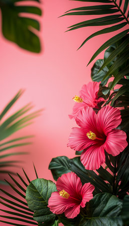 Bright magenta hibiscus blooms bloom amid dense emerald tropical foliage, creating a lively, exotic vibe perfect for vibrant spring or summer designs.の写真素材