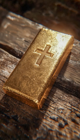 Shine on a rustic wood backdrop, a gleaming gold ingot engraved with a cross radiates faith and wealth, evoking spirituality and prosperity.の写真素材