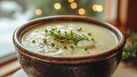 Warm, velvety potato soup topped with fragrant herbs and vibrant chives, presented in a charming, rustic bowl for a comforting appeal.の写真素材