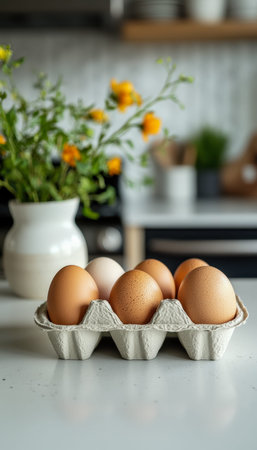 Vibrant eggs with variegated shells rest in a container on a kitchen surface, while cheerful yellow...