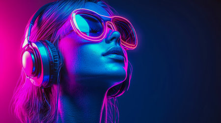 A stylish woman sports sleek headphones and reflective sunglasses amid vibrant neon glow, exuding a cutting-edge, cyberpunk aesthetic for modern designの写真素材