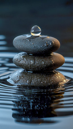 A serene composition of polished, damp stones balanced in a tower, topped with a luminous glass orb, reflected gently on tranquil water.の写真素材