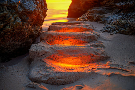 Warm sunset silhouettes glisten as luminous pebbles rest on soft sands, evoking serenity and...