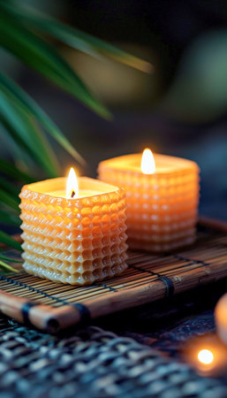 Warm yellow candles glow softly on a natural bamboo surface, surrounded by lush greenery, creating a peaceful and eco-friendly ambiance for relaxationの写真素材