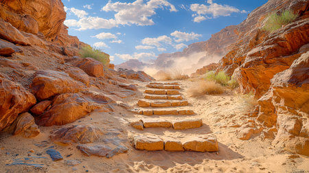 A rugged dirt path lined with uneven stone stairs winds through arid landscape beneath a vivid blue sky dotted with wispy clouds.の写真素材