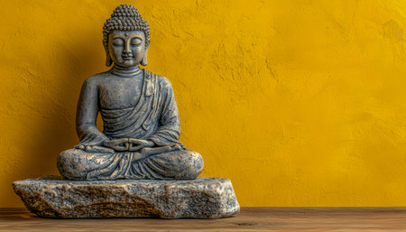 A weathered stone Buddha figure rests on a wooden surface against a vibrant yellow wall, evoking...