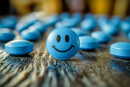 A cheerful, smiling blue tablet stands out among plain pills scattered on a rustic wooden backdrop, evoking a playful and positive mood.の写真素材