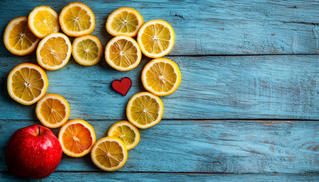 A vibrant display of citrus slices forming a romantic shape, accentuated by a ripe red apple, set against a charming blue wooden backdrop.の写真素材