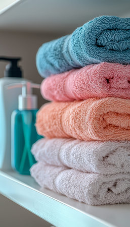Vibrant towels in various hues are neatly layered on a bathroom shelf, accompanied by a sleek soap...