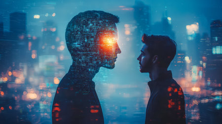 Two shadowed figures stand before glowing skyscrapers in a sleek metropolis at dusk, evoking mystery...