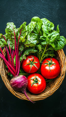 Vibrant harvest of ripe tomatoes, deep purple beetroot, and lush greens displayed in a rustic woven basket, evoking farm-fresh goodness.の写真素材