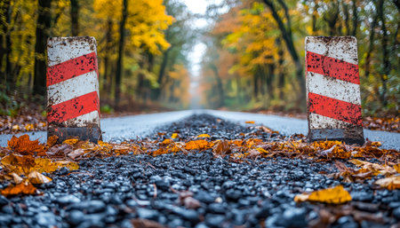 A peaceful forest pathway scattered with vibrant fall leaves, flanked by colorful trees showing autumn hues, evoking serenity and seasonal charm.の写真素材