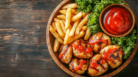 Juicy grilled chicken meatballs paired with crispy golden fries and tangy ketchup, all arranged on...