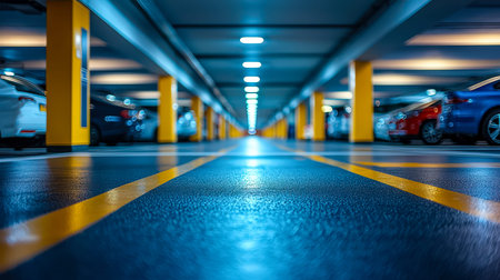 Wide view of a subterranean parking level illuminated by intense ceiling lights, showcasing orderly...