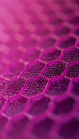 Macro shot of shimmering purple honeycomb with tiny dewdrops accentuating each precise hexagon, evoking freshness and intricate craftsmanship.の写真素材