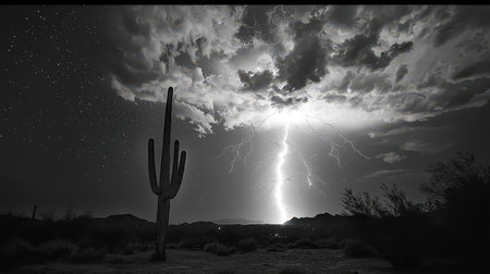A stark desert scene with powerful lightning illuminating stormy skies, silhouetted cacti adding stark contrast in a moody black-and-white paletteの写真素材