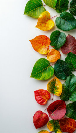 Vibrant fall foliage expertly scattered on a pristine white backdrop, creating a lively, seasonal collage ideal for autumn-themed projects.の写真素材