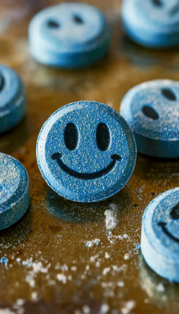 Cheerful blue bath bombs with smiling faces rest on a rustic wooden surface, evoking relaxation and playful charm for spa or self-care themes.の写真素材