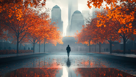 A lone individual strolls past fiery foliage in an urban park, with sleek city buildings framing a peaceful autumn afternoon.の写真素材