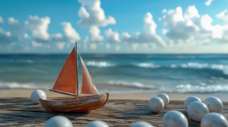 A charming miniature sailboat rests amid smooth white spheres on the warm sands, with rolling ocean...