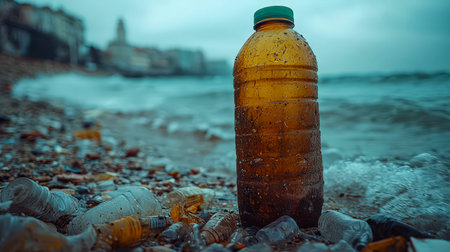 Coastal scene showing scattered plastic bottles and trash drifting where land meets ocean,...