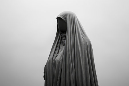 A featureless mannequin shrouded in soft gray cloth, standing against a neutral background, ideal for fashion design, display, or creative projects.の写真素材