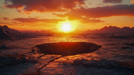 An otherworldly desert scene featuring a glowing sunset behind distant peaks and a textured, crater-strewn terrain in the foreground, evoking a dreamlの写真素材