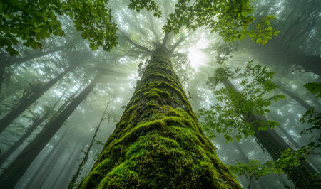 A towering ancient tree shrouded in lush moss stands amidst a foggy, emerald-hued woodland, evoking...