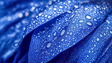 A vivid blue leaf adorned with glistening water droplets, highlighting intricate textures and...