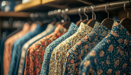 A vibrant display of shirts with diverse geometric and floral prints, arranged neatly on a wooden...