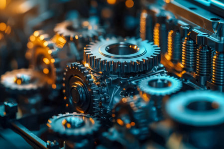 A detailed view of interconnected metal cogs bathed in warm glow, highlighting craftsmanship and...