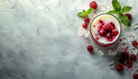 Juicy mixed berry drink garnished with fresh mint leaves, chilled with clear ice cubes, set on a...