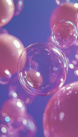 Delicate shimmering spheres drift softly, reflecting pink and purple tones, set against an out-of-focus backdrop fostering a dreamy, tranquil atmospheの写真素材