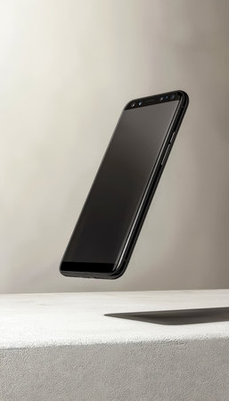 A sleek, contemporary smartphone appears suspended mid-air over a clean white backdrop, highlighting innovation and minimalistic design for tech showcの写真素材