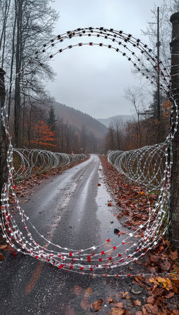 Frosted foliage lines a damp, leaf-strewn trail where glowing light fixtures intertwine with rusted...