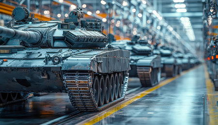 Heavy armored vehicles line a vast, dimly lit warehouse aisle, their metallic surfaces reflecting an...