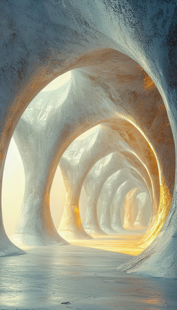 An ethereal ice chamber featuring gentle curves and shimmering reflections, creating a dreamlike, tranquil atmosphere illuminated by soft natural lighの写真素材